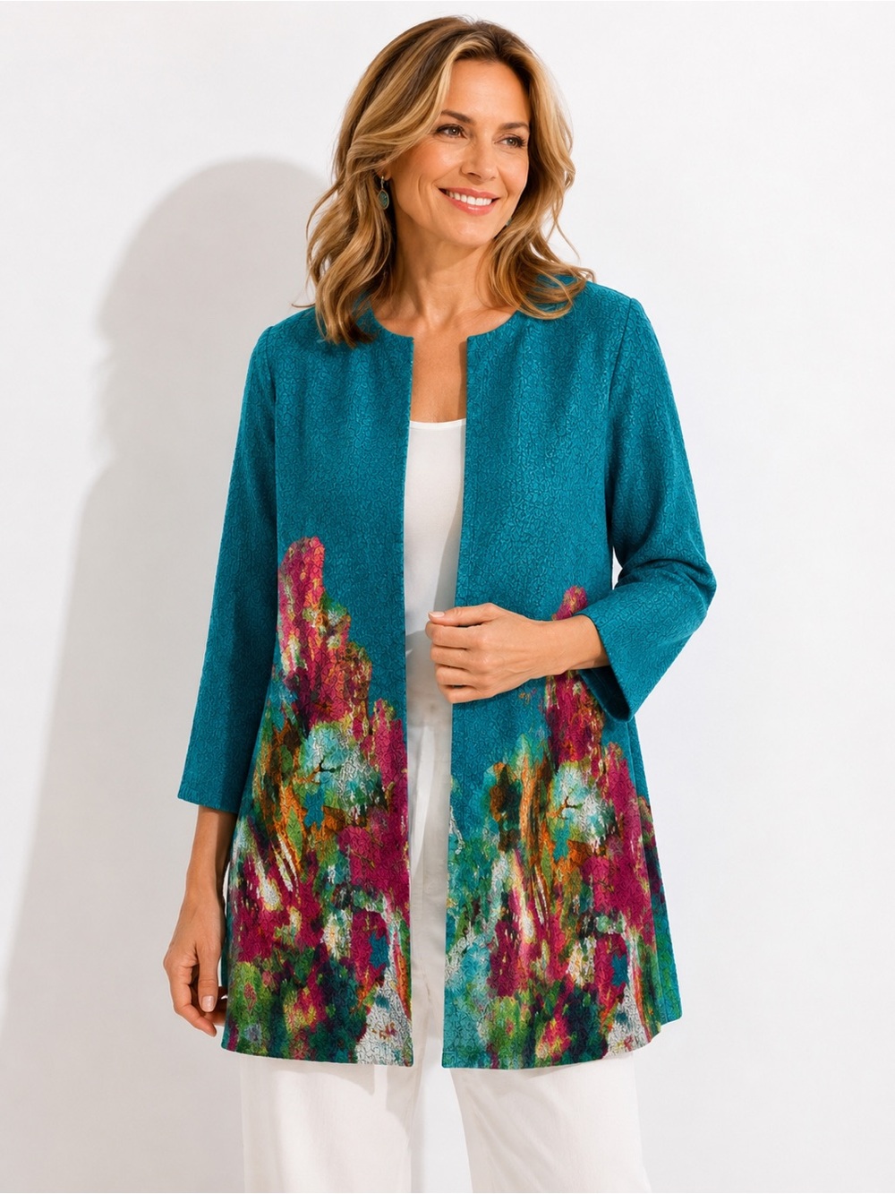 Berek Textured Art-to-Wear Jacket Turquoise Floral Open Front Top XL